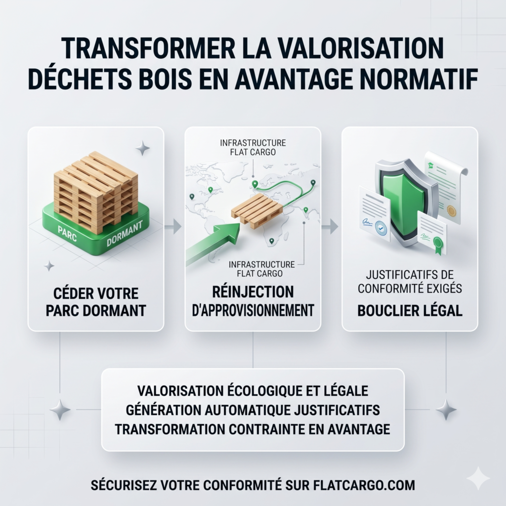 Infographie stratégique pour Flat Cargo expliquant comment transformer la valorisation de vos déchets bois en un avantage normatif. Le visuel montre comment céder votre parc dormant pour le réinjecter dans la chaîne d'approvisionnement européenne génère automatiquement des justificatifs de conformité exigés par les autorités. Elle détaille le passage d'une contrainte administrative lourde à un bouclier légal, assurant votre conformité normative sur flatcargo.com.