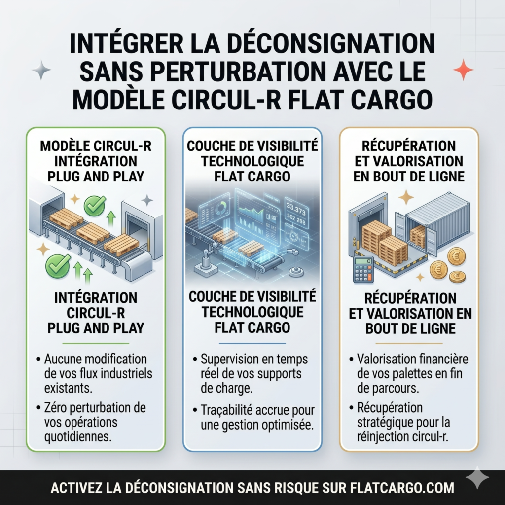 Infographie stratégique pour Flat Cargo expliquant la compatibilité de la déconsignation palette avec vos flux logistiques existants via le modèle Circul-R. Le visuel au format carré Bento-Box détaille trois piliers : l'intégration Plug and Play sans modification de vos flux industriels (à gauche), la superposition d'une couche de visibilité technologique pour supervision en temps réel (au centre), et la récupération avec valorisation financière en bout de ligne pour réinjection. Un appel à l'action invite à activer la déconsignation sans risque sur flatcargo.com.
