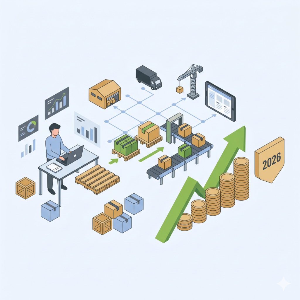 Illustration vectorielle isométrique montrant un logisticien indépendant commençant avec une palette brute à gauche, puis gérant un modèle économique clé en main avec un réseau logistique centralisé, et enfin atteignant le succès avec des piles de pièces de monnaie, une flèche de croissance verte et un bouclier marqué 2026 à droite.