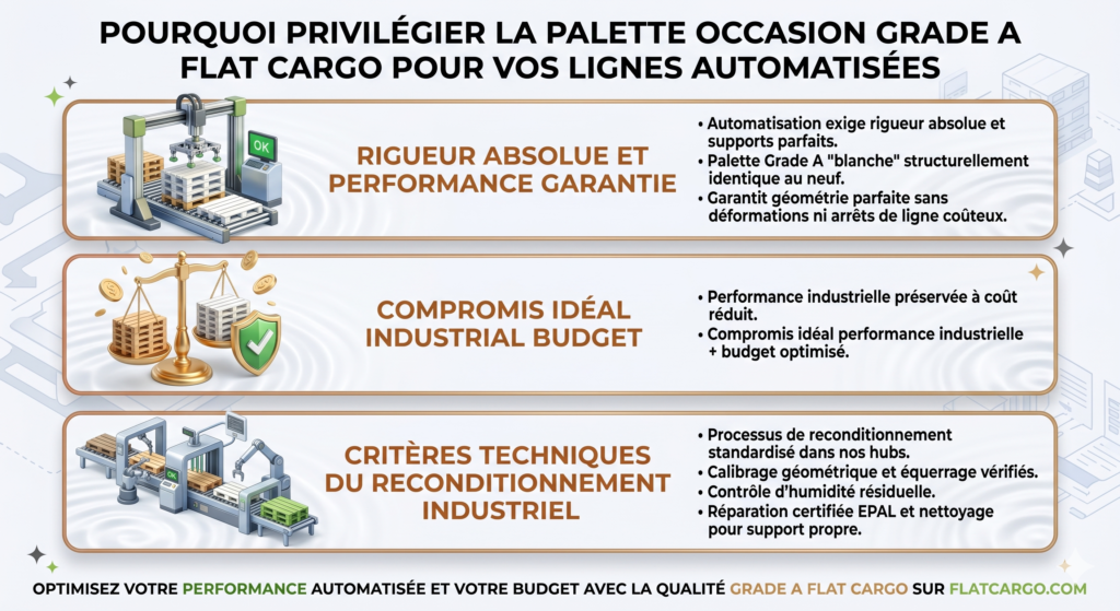 Infographie stratégique Flat Cargo démontrant l'intérêt de la palette Europe occasion grade A pour optimiser vos lignes automatisées. Le document détaille la performance structurelle garantie, le compromis budgétaire pour l'industrie et les critères de reconditionnement incluant le calibrage géométrique et le contrôle d'humidité.