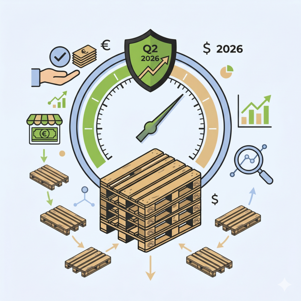 Illustration conceptuelle vectorielle d'une palette bois EPAL centrale, validée par un bouclier de conformité avec un symbole de recyclage et la date 2026. Des flux de palettes l'entourent, avec des icônes de transport et de maintenance à gauche. À droite, un graphique de performance boursière et des piles de pièces d'or illustrent la croissance et la rentabilité financières de cette supply chain circulaire.