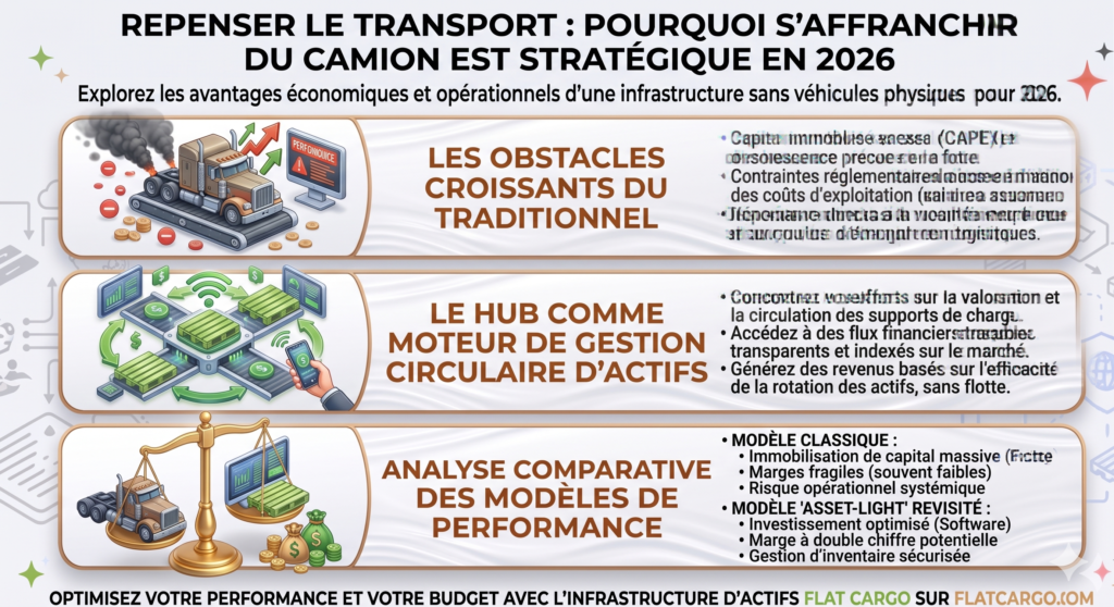 Infographie détaillée pour blog comparant le transport traditionnel au modèle 'Asset-Light' de Flat Cargo. Titre : 'POURQUOI OUVRIR UNE ENTREPRISE DE TRANSPORT SANS CAMION EST LE MEILLEUR CALCUL EN 2026'. En haut, 'LA FIN DE L'ÈRE DU CAMION LOURD' avec un camion défectueux, symbolisant les problèmes financiers et opérationnels. Au milieu, 'LE PIVOT VERS LA GESTION D'ACTIFS' montrant le Hub Flat Cargo avec des palettes vertes connectées et un smartphone. En bas, une balance compare les deux modèles avec un tableau : le Hub Flat Cargo offre un investissement faible et une marge double chiffre, contrairement au transport traditionnel.