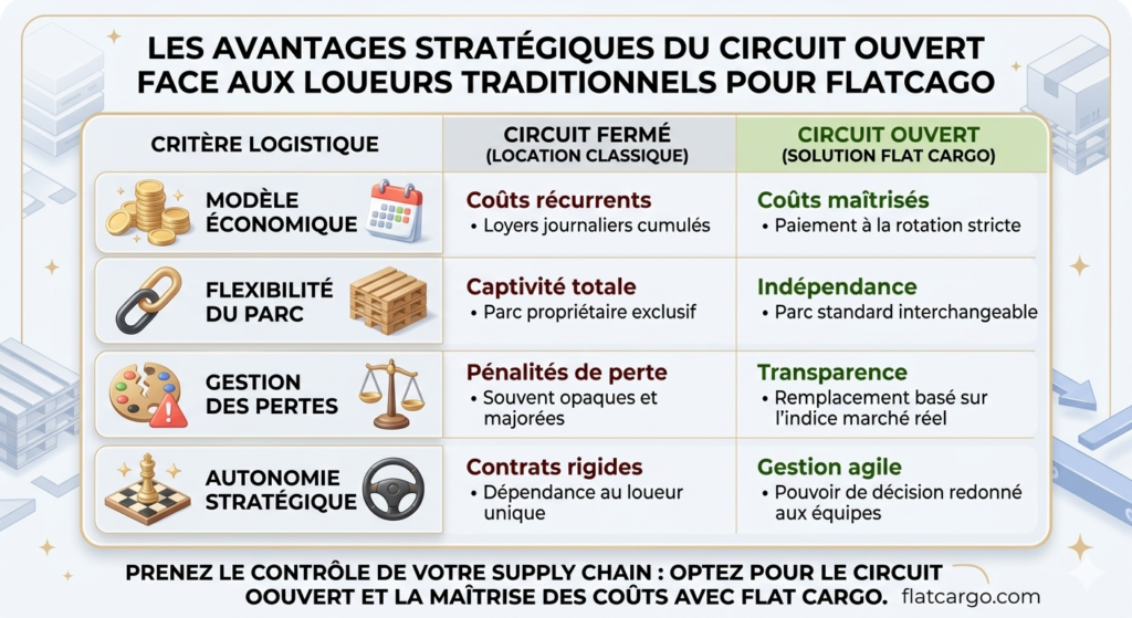 Infographie Flat Cargo expliquant la procédure de réparation de vos unités de palettes certifiées en cas de casse. Le visuel met en avant l'obligation d'utiliser des composants pré-traités, l'importance de faire appel à une entité officiellement agréée, et la garantie du maintien de la conformité de vos actifs logistiques. Confiez votre réseau de réparation à des professionnels sur flatcargo.com.