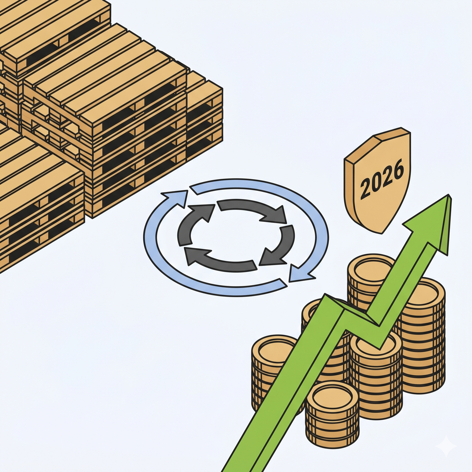 Illustration vectorielle isométrique montrant un grand parc de palettes en bois empilées à gauche, des flèches circulaires de recyclage au centre représentant le taux de rotation et le circuit ouvert, ainsi qu'une flèche de croissance verte ascendante, des piles de pièces de monnaie et un bouclier marqué 2026 à droite pour illustrer la performance financière.