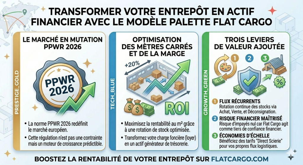 Infographie stratégique pour Flat Cargo expliquant comment assurer la rentabilité de votre entrepôt de stockage de palettes bois face à la norme PPWR 2026. Le visuel montre comment transformer une charge foncière en actif générateur de trésorerie grâce à l'optimisation des mètres carrés et de la marge nette. Elle détaille trois leviers de valeur : des flux récurrents avec une rotation continue (Achat/Vente/Déconsignation), un risque d'impayés nul grâce au rôle de tiers de confiance financier de Flat Cargo, et des économies d'échelle avec un accès aux tarifs Direct Scierie pour booster la performance de votre supply chain sur flatcargo.com.