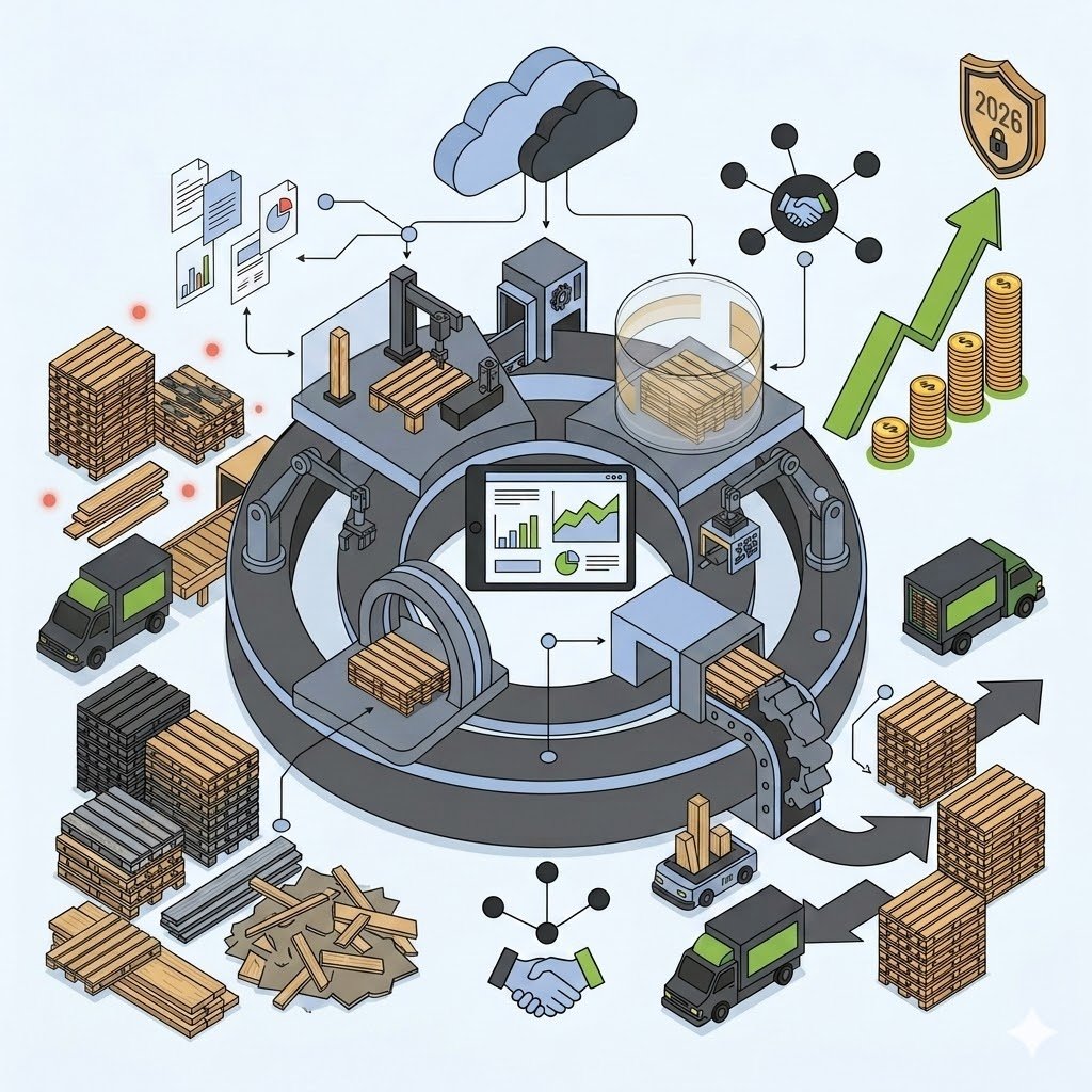 Illustration vectorielle minimaliste et isométrique au format carré d'un monument de Reverse Logistics et Valorisation d'Actifs Bois. À gauche, un point de collecte reçoit des palettes d'occasion désorganisées. Au centre, une structure architecturale automatisée utilise l'IA pour reconditionner, calibrer et réparer les actifs bois, convertissant les déchets en valeur. Des tableaux de bord centralisés (Bleu Doux et Vert Cargo) affichent des métriques de réduction du Scope 3. À droite, les actifs bois standardisés et performants sont redistribués par des AGVs.