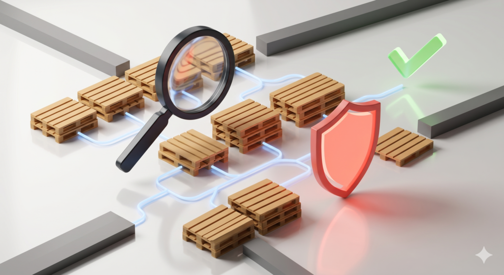 Illustration 3D Flat Cargo conceptualisant la sécurisation de la gestion des retours pour éradiquer la perte de vos palettes en bois. Le visuel met en avant la traçabilité transactionnelle numérique qui remplace les simples déclarations théoriques. Cette approche vous garantit l'identification immédiate des anomalies de flux, une vision comptable exacte de vos actifs circulaires pour vos audits RSE et la résolution définitive des litiges avec vos transporteurs.