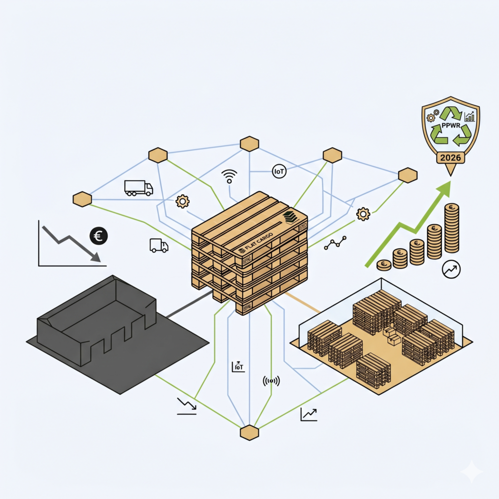 Illustration minimaliste montrant la valorisation d'un foncier industriel en hub de palettes Flat Cargo rentable. Le schéma vectoriel illustre la transformation d'un entrepôt vide (gauche) en un centre de distribution connecté et performant (droite) avec une ligne de performance ascendante, des pièces d'or et un jalon '2026', symbolisant la croissance stratégique.