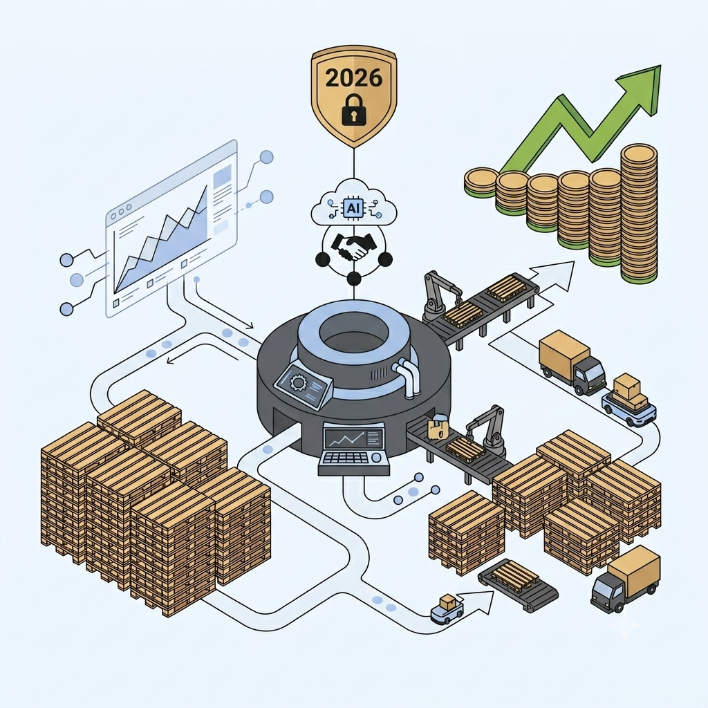 Illustration isométrique détaillant l'automatisation par IA de la chaîne logistique de fabrication et distribution de palettes bois. Bras robotiques fabriquent des palettes, camions livrent, et graphiques de croissance avec pièces de monnaie montrent la performance commerciale attendue en 2026.