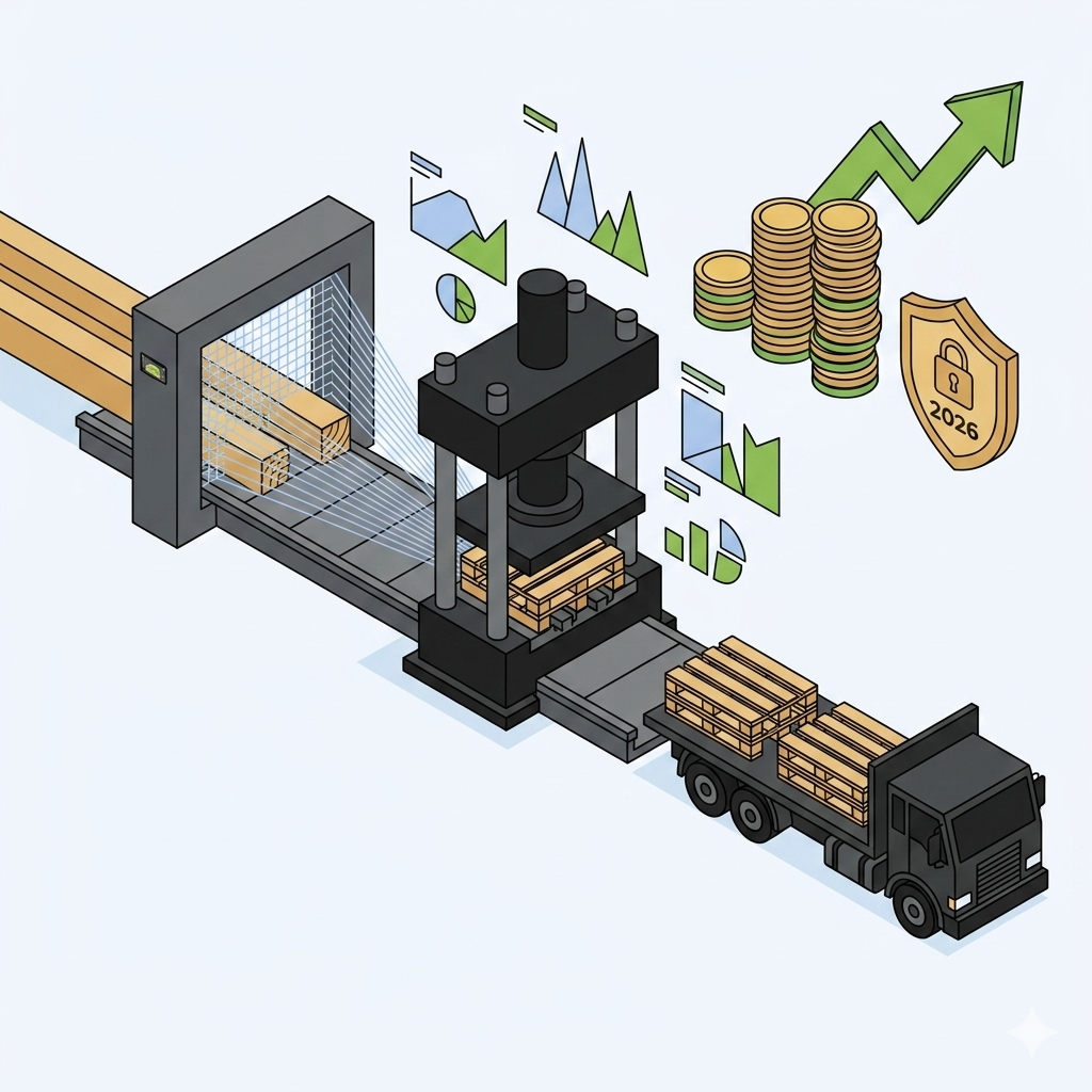 Illustration vectorielle minimaliste et isométrique au format carré d'un centre d'assemblage hexagonal fortifié pour palettes CP. À gauche, des blocs de bois massifs sont traités par des bras robotisés automatisés. Au centre, une chambre de test industrielle (Gris Ardoise) utilise des lasers Bleu Doux pour vérifier l'intégrité structurelle et la sécurité maximale des palettes pour l'industrie lourde. Des tableaux de bord flottants affichent des tests de résistance géométriques. À droite, des palettes CP ultra-robustes sont chargées sur un transporteur AGV lourd. L'efficacité et la rentabilité sont soulignées par une flèche montante verte, des piles de pièces d'or organisées et un bouclier doré marqué "2026". Style corporate épuré, palette de couleurs stricte. Aucun personnage ni texte secondaire.