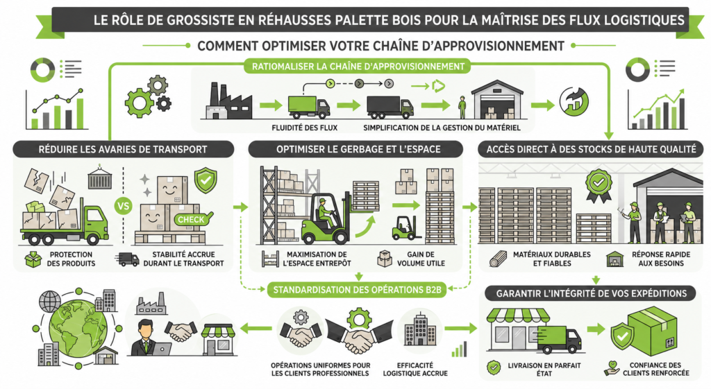 Infographie Flat Cargo illustrant le rôle de grossiste en réhausse palette bois pour la maîtrise des flux logistiques. Le visuel montre comment rationaliser la chaîne d'approvisionnement en réduisant les avaries de transport et en optimisant le gerbage. Il met en avant l'accès direct à des stocks de haute qualité pour standardiser les opérations B2B et garantir l'intégrité de vos expéditions. Optimisez votre chaîne d'approvisionnement sur flatcargo.com.