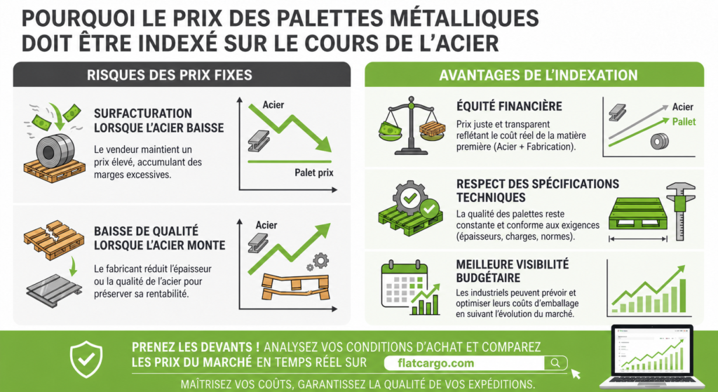 Infographie stratégique Flat Cargo expliquant pourquoi le prix des palettes métalliques doit être indexé sur le cours de l'acier. Le visuel démontre les risques des prix fixes (surfacturation ou baisse de qualité) et les avantages de l'indexation : équité financière, respect des spécifications techniques, et meilleure visibilité budgétaire. Elle invite les industriels à analyser leurs conditions d'achat et à comparer les prix du marché en temps réel sur flatcargo.com.