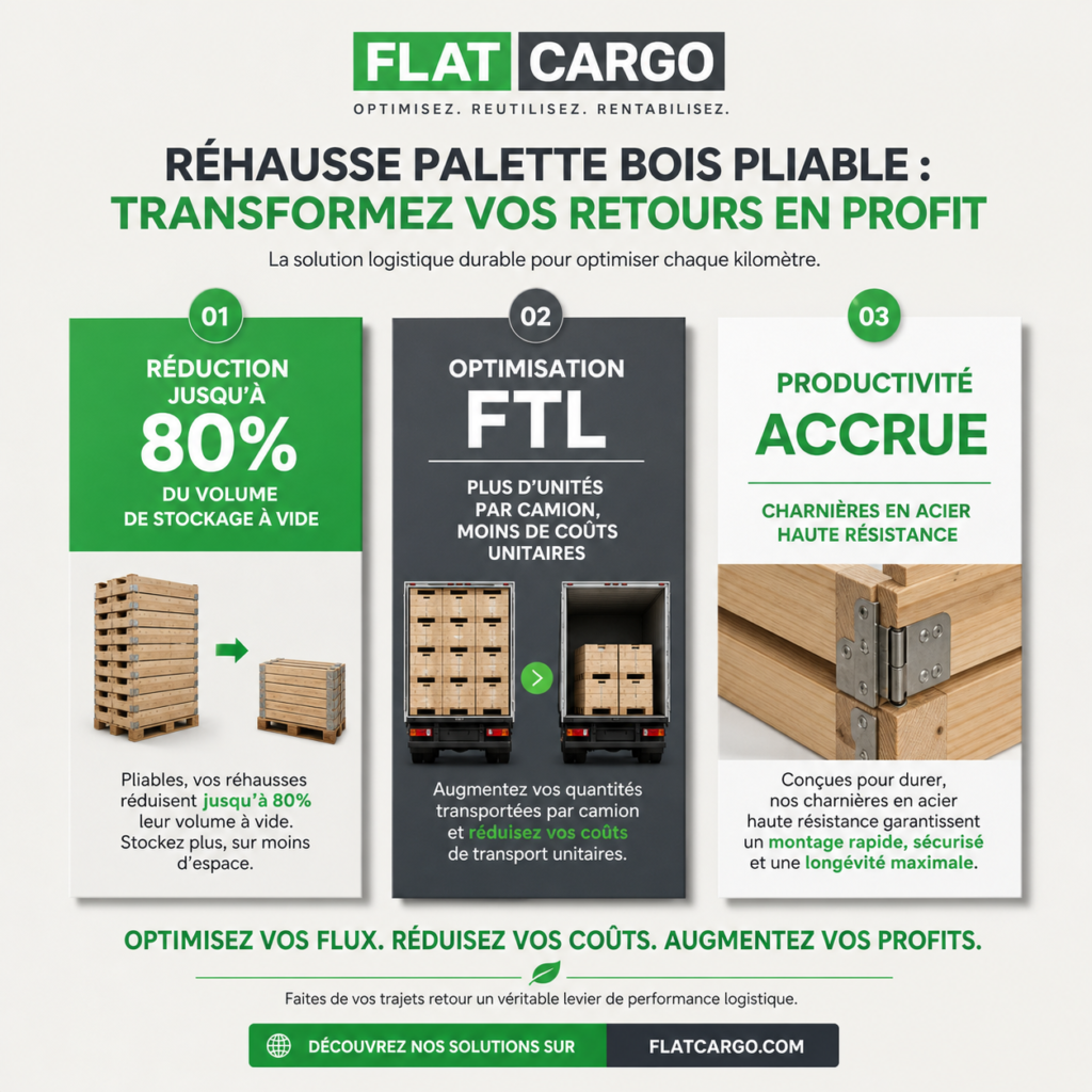 Infographie stratégique Flat Cargo présentant les avantages de la réhausse palette bois pliable pour l'optimisation des flux retours. Le visuel détaille trois piliers de rentabilité logistique : une réduction jusqu'à 80% du volume de stockage à vide, une optimisation FTL augmentant les unités par camion pour réduire les coûts unitaires de transport, et une productivité accrue grâce aux charnières en acier haute résistance. L'infographie démontre comment transformer vos trajets retour en levier de profitabilité sur flatcargo.com.