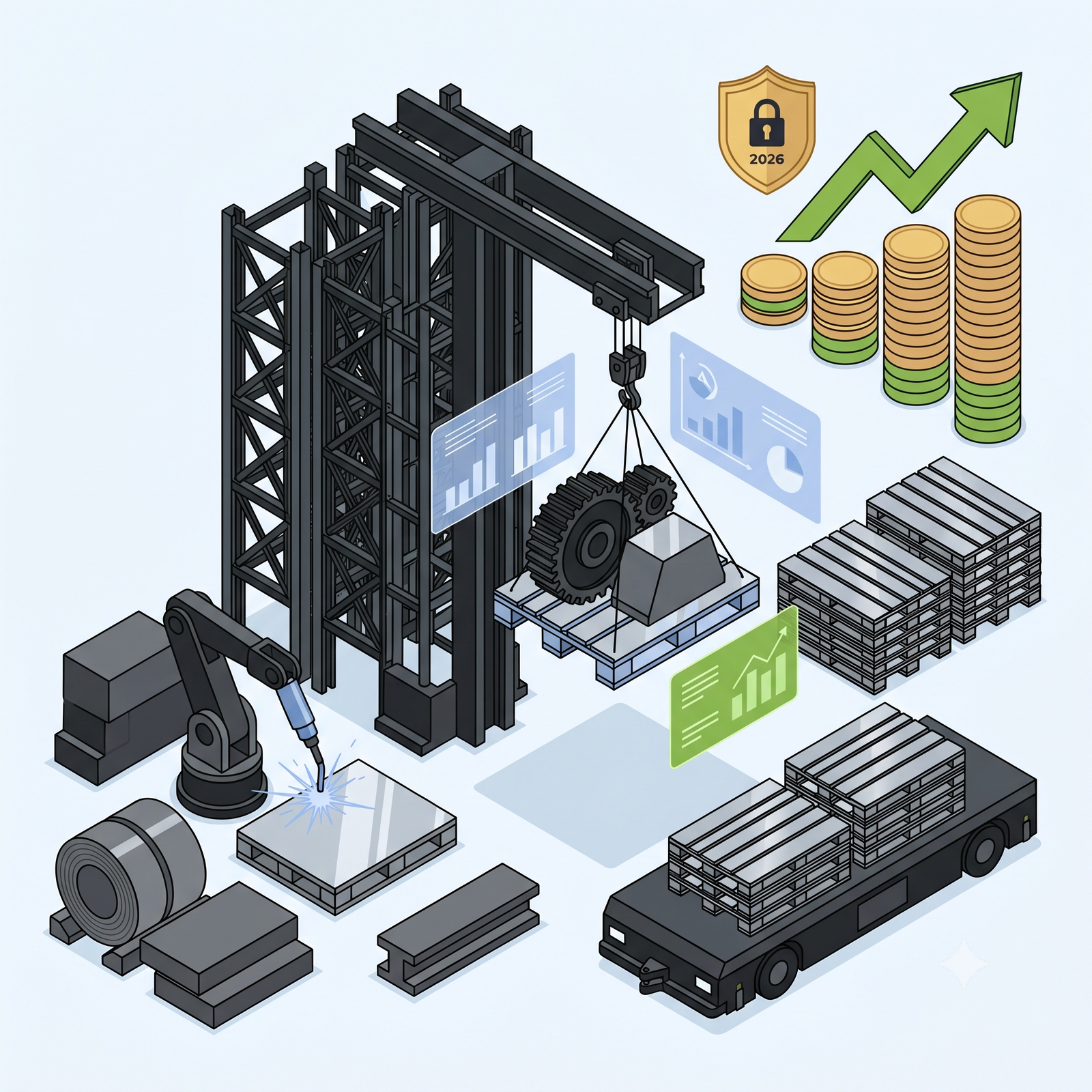 Illustration vectorielle minimaliste et isométrique au format carré d'une matrice de stockage grande hauteur pour palettes en métal, acier et aluminium destinées aux charges extrêmes. À gauche, un bras robotisé soude des bobines d'acier brut (Gris Ardoise). Au centre, une grue automatisée soulève une palette métallique supportant des engrenages industriels lourds, avec des tableaux de bord (Bleu Doux et Vert Cargo) affichant des tests de capacité de charge maximale. À droite, les palettes ultra-résistantes sont prêtes pour l'expédition sur un AGV lourd. L'efficacité et la rentabilité sont symbolisées en haut à droite par une flèche montante verte, des piles de pièces d'or organisées et un bouclier doré marqué "2026". Style corporate épuré, palette de couleurs stricte.