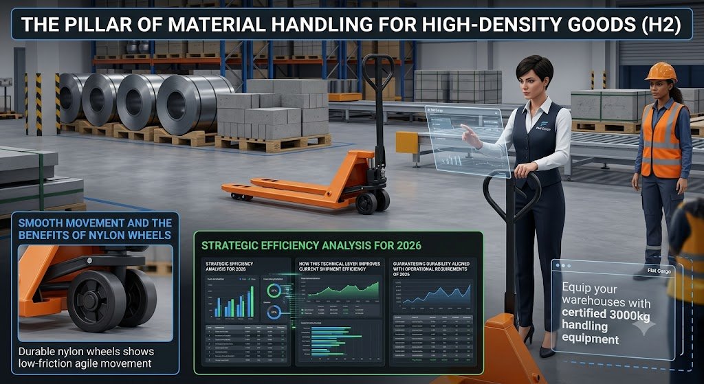 A detailed infographic for Flat Cargo showcasing a 3000kg manual pallet jack in a high-density warehouse environment. The image includes text headings: 'THE PILLAR OF MATERIAL HANDLING FOR HIGH-DENSITY GOODS' (H2 banner across top), 'SMOOTH MOVEMENT AND THE BENEFITS OF NYLON WHEELS' (H3 with blue robustness border), and 'STRATEGIC EFFICIENCY ANALYSIS FOR 2026' (H3 preceding a prominent dark mode analysis box with green efficiency borders). The analysis box features holographic data visualizations and text summaries: 'DURABILITY ALIGNED WITH OPERATIONAL REQUIREMENTS,' 'HOW THIS TECHNICAL LEVER IMPROVES CURRENT SHIPMENT EFFICIENCY,' and 'GUARANTEEING DURABILITY FOR 2026 OPERATIONAL REQUIREMENTS.' A professional female expert avatar is depicted analyzing data on holographic screens, while a warehouse operator manages the jack. Soft, defined lighting is used throughout.