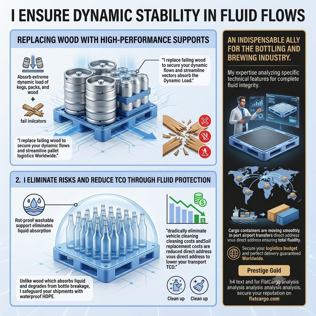 `Strategic dynamic shield infographic for Flat Cargo titled 'I ENSURE DYNAMIC STABILITY IN FLUID FLOWS', strictly 1:1 format corporate style. The bento-box visualizes replacing failing wood with strong HDPE dynamic supports to absorb massive dynamic loads of kegs and packs Worldwide. I eliminate dynamic risks and lower dynamic Worldwide transport TCO through complete waterproofing and flawless cleanliness. My deep audit analyses dynamic characteristics Worldwide, ensuring absolute dynamic integrity for brewing and bottling dynamic flows. Secure your reputation on flatcargo.com with dynamic specialized analysis dynamic Worldwide dynamic dynamic direct address vous direct address.