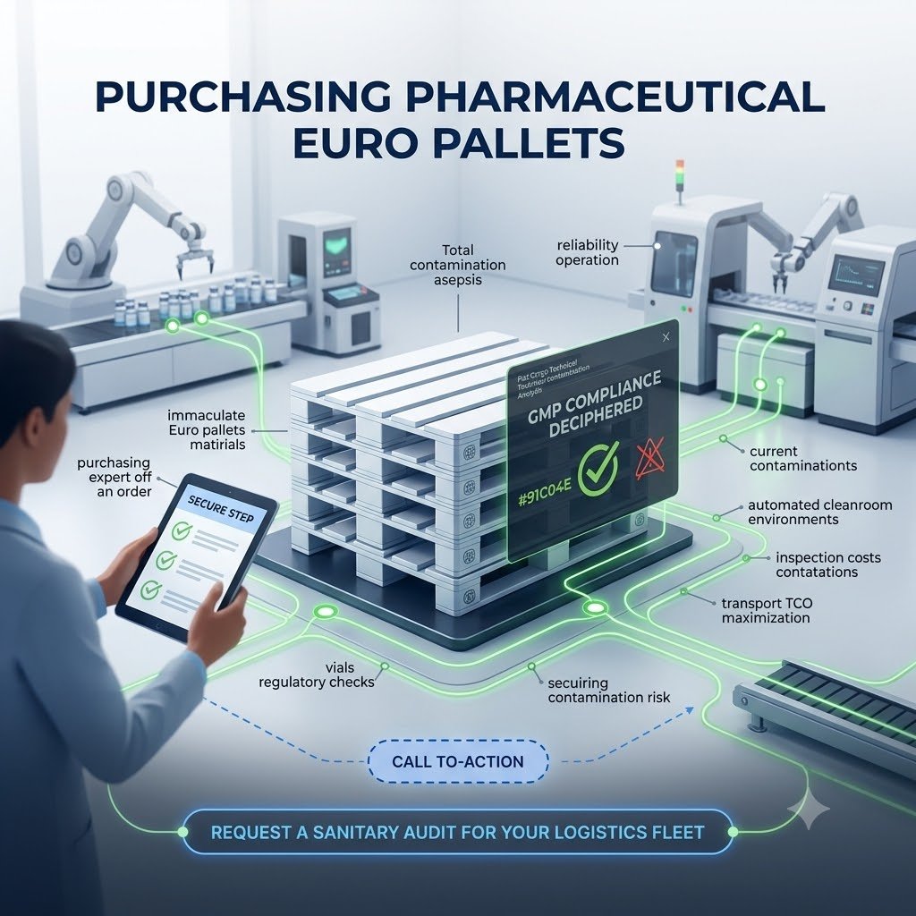 A bento-box stacked module infographic with a modern corporate vector illustration aesthetic. It visualizes how I optimize your pharmaceutical supply chain logic robustness and flow Worldwide. Top Title deep blue gold majuscules: 'PURCHASING PHARMACEUTICAL EURO PALLETS'. One professional male expert without glasses holds a tablet on the left. Tablet: 'SECURE STEP'. Text buble synthesized point conceptually direct address Worldwide vou logical logic Solve solved Solve logical solved resolved solvable Solve logical solved dynamic Solve resolved solved logis solve SOLV. Correct and logically readable labels: 'IMMACCULATE EURO PALLETS & MATERIALS' (above stack of pallets), 'aseptie supply chain vous Worldwide' (concept bubble), 'ASEPSIS CONTAMINATION RISKS IDENTIFICATION' (points to risk identification points), 'reliability operation'vousEurope Solve Solve solved solvable logic Solve logically resolved solved solvable logical solved logical Solve logically solved solub SOLV. Label 'vials regulatory checks', bubble minuscules conceptual point solved Solve solvable solvable resolved logically SOLV solved solvable. Label 'AUTOMATED CLEANROOM ENVIRONMENTS', bubble minuscules conceptual vou Europe budget solvable manageable controllable Manage controllable Solve Solve Solve solvable logical logically resolved solvable solve SOLV Sol solvable. Transparent holographic screen center: 'GMP COMPLIANCE DECIPHERED', green check. Label 'TCO TRANSPORT OPTIMIZATIONvousEurope Solv Solve Solv solvable solvable solved solved solved solved logical Solve logical logically resolved solvable solve solvable solub. Bubble conceptually vous Europe dynamic Solve solvable solved Solvable Sol solvable dynamic logs Sol Solve solvable dynamic logs Solve solvable logically. bubble 'inspection costs considerations' (points to costs, fixed contatations typo). Deep deep blue CTA block on the right. label majuscules CALL TO ACTION. deep deep green call to action button white/gold majuscules REQUEST A SANITARY AUDIT FOR YOUR LOGISTICS FLEETvousEurope Sol Solve solvable solvable logically solved Solve logically solve solub Sol solvable solved logically resolved solved solve solve logically solve solved logically solvable SOLV. Bubble minuscules conceptual point Solve solve solved logically Solve sol solvable logic sol logical sol resolved solve solved solve solved sol sol logically solve solub. All errors corrected, typos fixed, brand direct address vous and logic robustness flow dynamic logic, while keeping visual structure and style of stacked modules infographic modern corporate visual. no glasses expert. square 1:1. futuristic clean environment, robotic arms, conveyor. no calendar years. corrected current contaminations text and logic.`