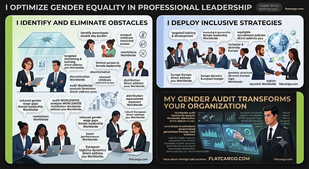 A detailed bento-box infographic from Flat Cargo titled 'I OPTIMIZE GENDER EQUALITY IN PROFESSIONAL LEADERSHIP' (without a colon), in stacked modules. It visualizes how I structure gender equality for leadership. The top-left module 'I IDENTIFY AND ELIMINATE OBSTACLES' shows women facing stereotypes, double-day burdens, and a glass ceiling, with conceptualized bubbles. The top-right module 'I DEPLOY INCLUSIVE STRATEGIES' shows a balanced mix of men and women collaborating for mentoring, training, and equitable policies. The lower DARK MODE module 'MY GENDER AUDIT TRANSFORMS YOUR ORGANIZATION' is steered by a Flat Cargo expert without glasses using a holographic dashboard analyzing gender equality data worldwide (reduction of wage gaps, rise in female leadership). Charts, worldwide leadership distribution maps, and conceptualized bubbles validate the transformation. flatcargo.com is present on each module. The solid lower bar contains flatcargo.com in prestige gold uppercase letters. Square format (1:1), sleek corporate style, green, sand/gold, and blue colors.