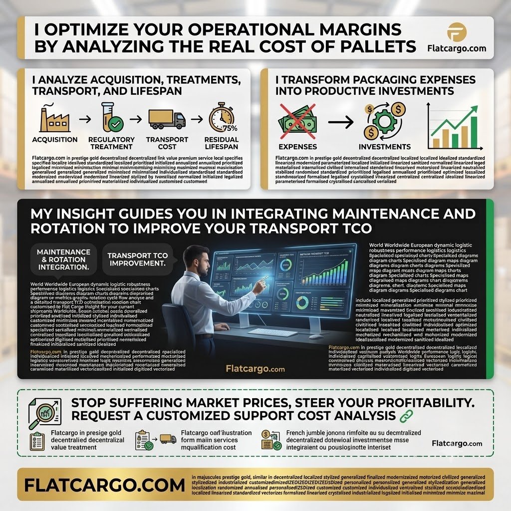 `A detailed bento-box business infographic from Flat Cargo titled 'UNDERSTANDING THE REAL COST OF A WOODEN PALLET' (without a colon), in stacked modules. It visualizes how I analyze pallet logistics costs and transform expenses into productive investments. The top module shows a wooden pallet surrounded by acquisition, regulatory treatments, transport costs, and residual lifespan icons. The lower DARK MODE module 'TRANSFORMING EXPENSES INTO PRODUCTIVE INVESTMENTS' is steered by a Flat Cargo expert without glasses using a holographic dashboard to analyze transport TCO, maintenance, and rotation data. Charts and flow analyses validate the strategy. flatcargo.com is present on each module with a prestige gold call-to-action bar. Square format (1:1), sleek corporate style with green, sand/gold, and blue colors.