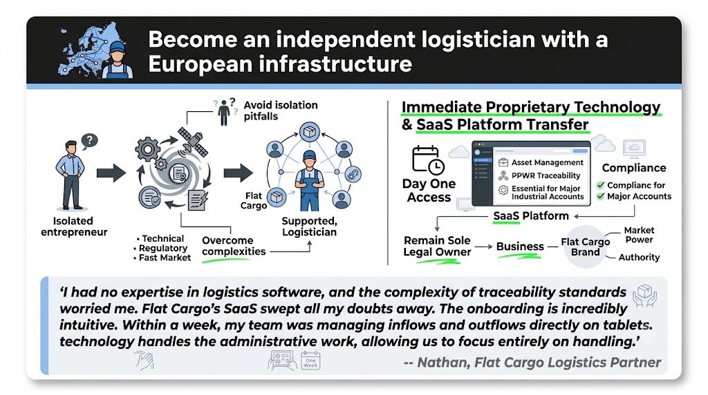 Infographic titled "Become an independent logistician with a European infrastructure" by Flat Cargo. It illustrates a business model. On the left, it shows a flow from an "Isolated entrepreneur" overcoming "technical, regulatory, and fast market complexities" to become a "Supported, Logistician". On the right, it features "Immediate Proprietary Technology & SaaS Platform Transfer" with "Day One Access" to tools for asset management and PPWR traceability for major accounts. At the bottom, a flow explains that the partner "Remains Sole Legal Owner" of their business while using the "Flat Cargo Brand" for market power and authority. It includes a testimonial from Nathan, a Flat Cargo Logistics Partner, praising the intuitive SaaS technology for administrative tasks and inflows/outflows.