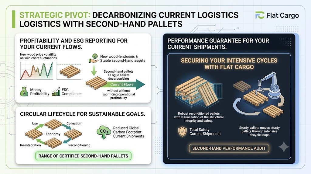 An infographic, branded by Flat Cargo, titled 'STRATEGIC PIVOT: DECARBONIZING CURRENT LOGISTICS WITH SECOND-HAND PALLETS.' The infographic is split into three main panels. The top-left panel focuses on 'PROFITABILITY AND ESG REPORTING FOR YOUR CURRENT FLOWS,' showing a line graph contrasting volatile new wood prices with stable second-hand asset costs, leading to an arrow showing second-hand pallets reducing carbon in 'Current Flows' without sacrificing operational profit. Icons for 'Money Profitability' and 'ESG Compliance.' The bottom-left panel details a 'CIRCULAR LIFECYCLE FOR SUSTAINABLE GOALS,' with a circular flow of 'Use, Collection, Reconditioning, Re-integration' leading to 'Reduced Global Carbon Footprint' for shipments. A button says 'RANGE OF CERTIFIED SECOND-HAND PALLETS.' The entire right panel guarantees 'PERFORMANCE GUARANTEE FOR YOUR CURRENT SHIPMENTS,' securing intensive cycles with robust reconditioned pallets featuring 'visualization of the structural integrity and safety.' It shows a robotic arm moving sturdier pallets through intensive lifecycle loops, with a shield icon for 'Total Safety Current Shipments' and a button for 'SECOND-HAND PERFORMANCE AUDIT.'