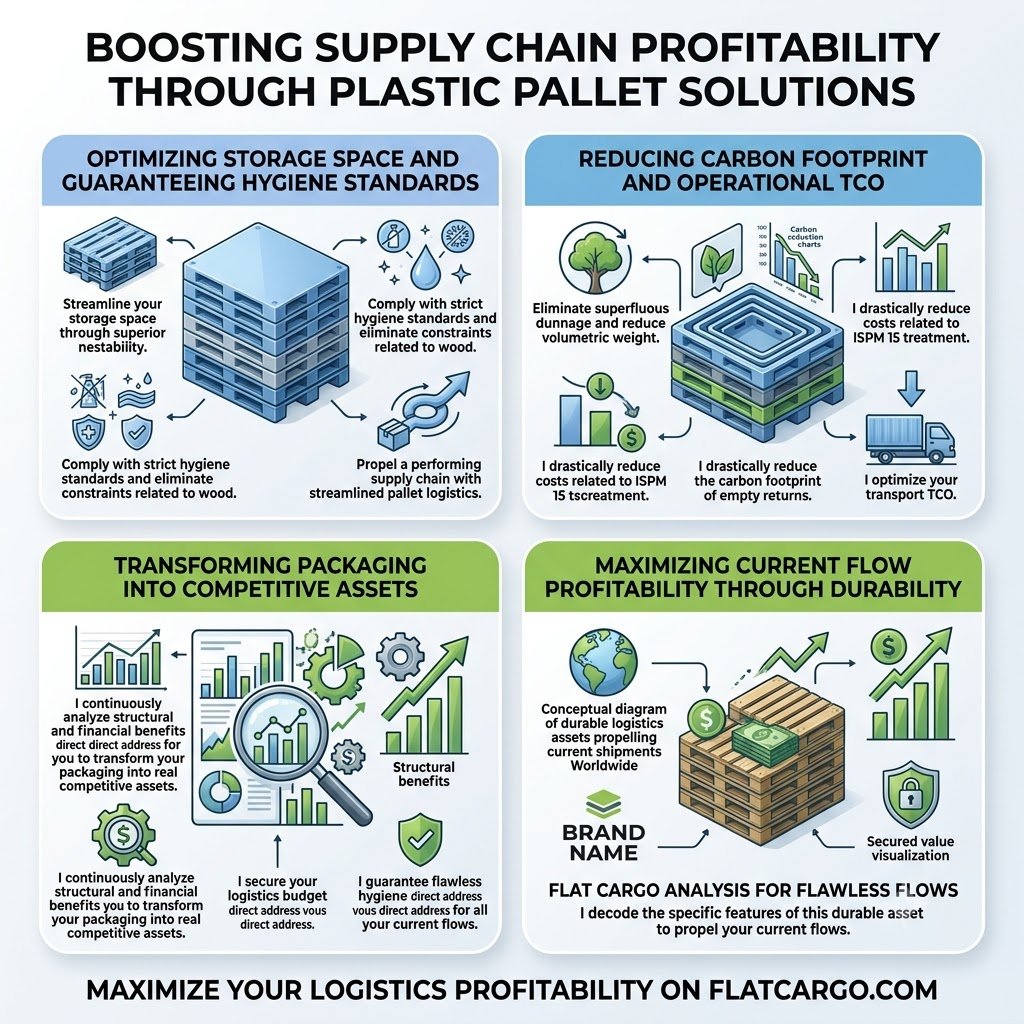 Infographie d'entreprise Flat Cargo intitulée 'BOOSTING SUPPLY CHAIN PROFITABILITY THROUGH PLASTIC PALLET SOLUTIONS'. Elle détaille comment je booste la rentabilité de votre supply chain grâce à des solutions de palettes plastiques. Le visuel explique que je optimise votre espace de stockage et garantis les standards d'hygiène en rationalisant la logistique et éliminant les contraintes liées au bois. Je réduis l'empreinte carbone et le TCO opérationnel en éliminant le calage superflu et en abaissant drastiquement les coûts de traitement NIMP 15 et de retours à vide. J'analyse en continu les bénéfices structurels et financiers pour vous afin de transformer vos emballages en véritables atouts compétitifs. Je sécurise votre budget logistique et maximise la rentabilité des flux actuels grâce à des actifs durables qui propulsent vos expéditions mondiales et visualisent une valeur sécurisée. Propulsez des flux sans faille sur flatcargo.com grâce à l'analyse spécialisée de Flat Cargo.