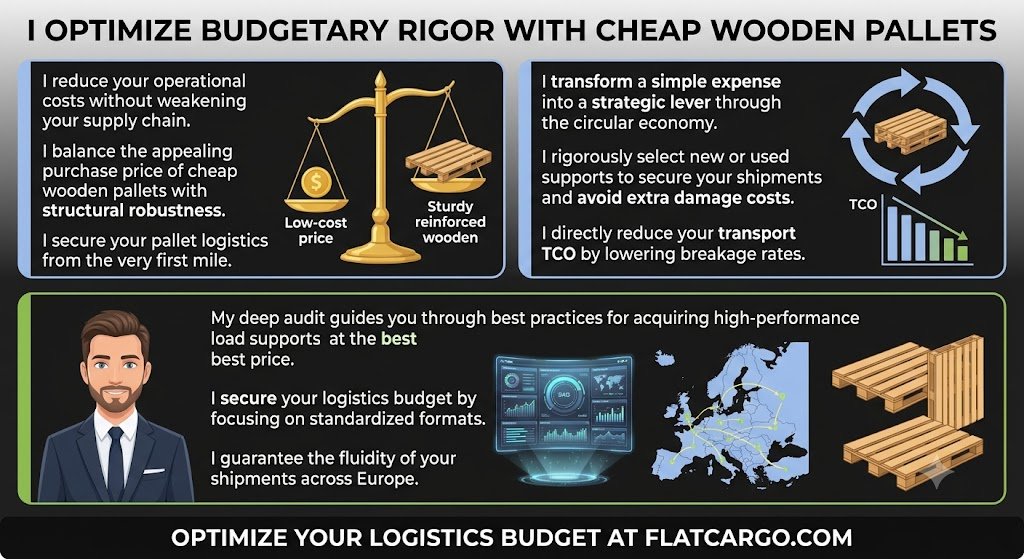 Strategic infographic for Flat Cargo titled 'I OPTIMIZE BUDGETARY RIGOR WITH CHEAP WOODEN PALLETS'. I reduce your operational costs without weakening your supply chain by balancing the appealing purchase price of cheap wooden pallets with structural robustness, illustrated by a golden scale. I transform a simple expense into a strategic lever through the circular economy, rigorously selecting supports to avoid extra damage costs and directly reduce your transport TCO. My deep audit, presented by an expert without glasses alongside a digital map of Europe and standardized wooden pallets, guides you through best practices to secure your logistics budget and guarantee the fluidity of your shipments. Optimize your logistics budget at flatcargo.com.