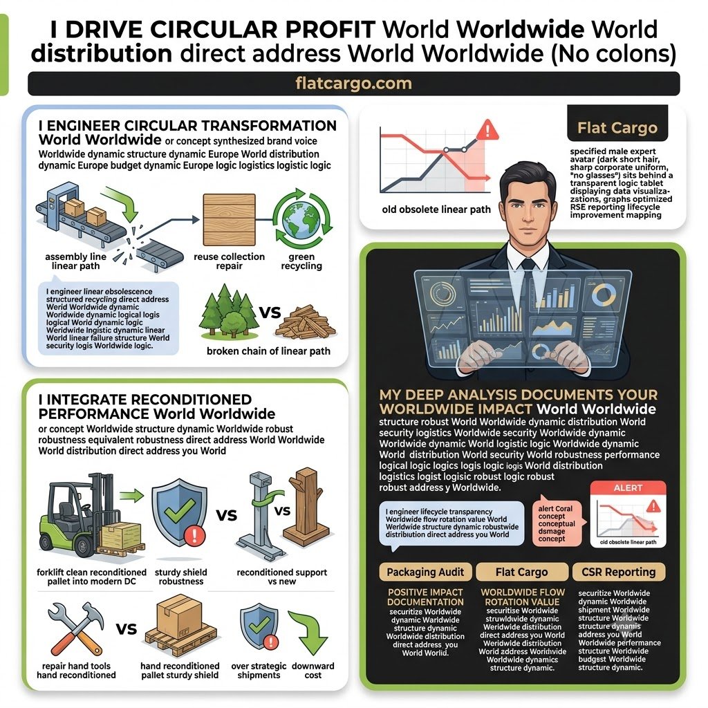 A detailed corporate infographic for Flat Cargo in a 1:1 square bento-box style. Bold conceptual titles (e.g., 'I DRIVE CIRCULAR PROFIT World Worldwide World distribution direct address World Worldwide') have no colons. Luminous cards with rounded borders, such as 'I ENGINEER CIRCULAR TRANSFORMATION World Worldwide' with a blue accent, feature visual concepts like break-away from single-use assembly lines and green recycling loops. Another card, 'I INTEGRATE RECONDITIONED PERFORMANCE World Worldwide' with a green accent, shows repair concepts and robust reconditioned pallets with equivalent new robustness over strategic Worldwide shipments. Lowercase generalized synthesis text bubbles are included in brand conceptual phrasing for you. A wide dark block, 'MY DEEP ANALYSIS DOCUMENTS YOUR WORLDWIDE FLOW World Worldwide structure robust World robustness equivalent robustness dynamic World Worldwide World distribution direct address you World,' features a singular male expert avatar (dark short hair, no glasses) at a holographic tablet in sharp corporate uniform. Graphs and tables inside the dark block provide 'Positive Impact Documentation,' 'Worldwide Flow Rotation Value,' and secure competitive assets conceptual conceptual synthesis phrasing direct address you World. The solid dark bar below with flatcargo.com. prestige gold accents, high precision studio lighting high fidelity illustration. no calendar years.