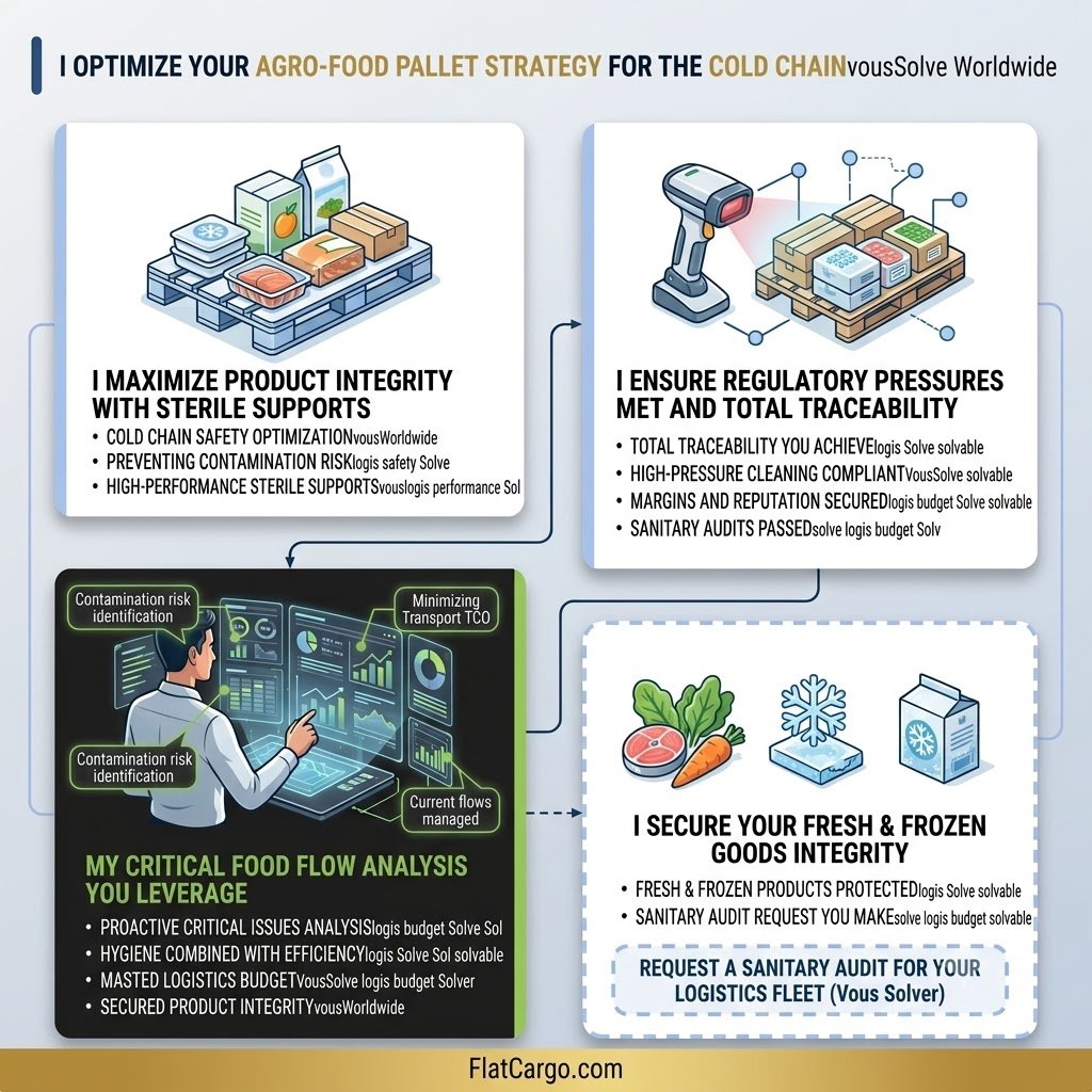 bento-box stacked modules business infographic titled 'I OPTIMIZE YOUR AGRO-FOOD PALLET STRATEGY FOR THE COLD CHAINvousSolve Worldwide' (without a colon), visualized in a corporate modern vector illustration style with clean lines, professional characters, and textures of sterile pallets and food goods. The Flat Cargo graphical logo is completely removed, with only the brand name as pure text only on the bottom bar. Deep blues, sand/golds, and greens palette. The single professional male expert without glasses in a professional white shirt and tie is on the bottom left, interacting with a green holographic display with corrected logic and points: Contamination risk identification, Minimizing Transport TCO, Current flows managed. Synthesized points (vous/you direct address logical flow Solve manage) are consistent throughout all modules and points. No calendar years. All logic is coherent and smoothed into perfect English, with no strange mixed language. The visual respects bento structure with rounded modules and shadows. square format (1:1).
