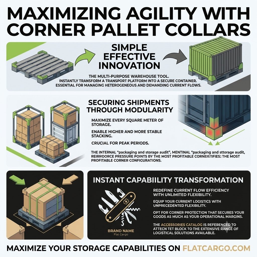 Strategic infographic for Flat Cargo titled 'CUSTOM PALLET COLLARS FOR SURGICAL SUPPLY CHAIN EFFICIENCY'. The visual explains how overcoming standardization limits prevents empty transport and breakage risks for atypical goods. It highlights the importance of adapting containers to secure shipments, eliminating superfluous dunnage, and reducing volumetric weight. It emphasizes how my industrial packaging audit and custom engineering department transform logistics constraints into a profitability model through structural agility. Protect your margins and goods on flatcargo.com.
