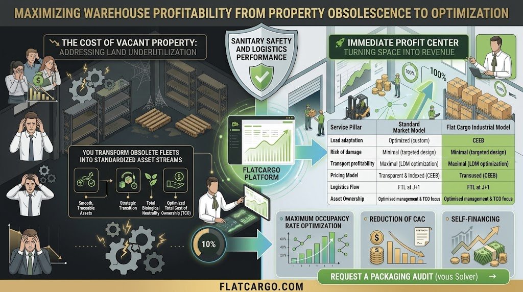 A modern corporate vector business infographic, entirely in English, illustrating custom wood packaging design and engineering for global logistics. At the top center, a shieldguards a clean production line with text above reading: 'SANITARY SAFETY AND LOGISTICS PERFORMANCE' (translated and colon removed, no non-sense English). The overall visual is a split-screen comparison layout. Stressed generic avatars look like realistic, worried people on the problem side (far-left: worried people stressed over money, broken gears, empty warehouse, declining chart; bottom-left: expert redrawn formula). The messy logic lines from image_131.png are gone. The lower-left formula and expert analyst visual box is redrawn conceptually on points of direct address, redrawing formula conceptual points visual panels (You transform obsolete fleets into standardized asset streams, Smooth, Traceable Assets, Strategic Transition, Total Biological Neutrality, Optimized Total Cost of Ownership (TCO)). All trace labels like trace... are corrected to TRACEABILITY DATA. The male expert avatar, redrawn to feature a consistent character visual consistent clothing *without glasses* interacting with glowing console visual points redrawing formula visual points conceptualized visual panels. Character visual consistent character clothing consistent across entire image. Stressed people realistic consistent character clothing. The bright comparison side (right) has percentages scales near 100%. Central visual redrawn expert consistent character visual consistent character clothing without glasses interacting with formula conceptual points logic coherent robustness non-sense English gone logic consistent visual robust visual. A modern comparison table translated and all non-sense English gone, logic coherent: Load adaptation (Optimized (custom)), Risk of damage (Minimal (targeted design)), Transport profitability (Maximal (LDM optimization)), Pricing Model (Transparent & Indexed (CEEB)), Logistics Flow (FTL at J+1), Asset Ownership (Optimised management & TCO focus). Data labels CEEB, FTL, EBITDA presented exactly. Redraw table comparison conceptual visual points translated non-sense English gone logic coherent visual robust. Bottom-right modules redrawn conceptually and non-sense English gone: Maximum Occupancy Rate Optimization (logic robust non-sense English gone visual robust), Reduction of CAC (logic robust non-sense English gone visual robust), Self-Financing (logic robust non-sense English gone visual robust). CTA is a large green visual button visual conceptually translated, colon removed: REQUEST A PACKAGING AUDIT (vous Solver). Pure text FlatCargo.com on bottom gold bandeau visual without graphical logos, no colon. Stressed generic people realistic consistent character clothing. Single expert consistent character clothing without glasses redrawing logic coherent robustness non-sense English gone. A modern visualization. No non-sense English. No calendar years are present in any data. square format (1:1).