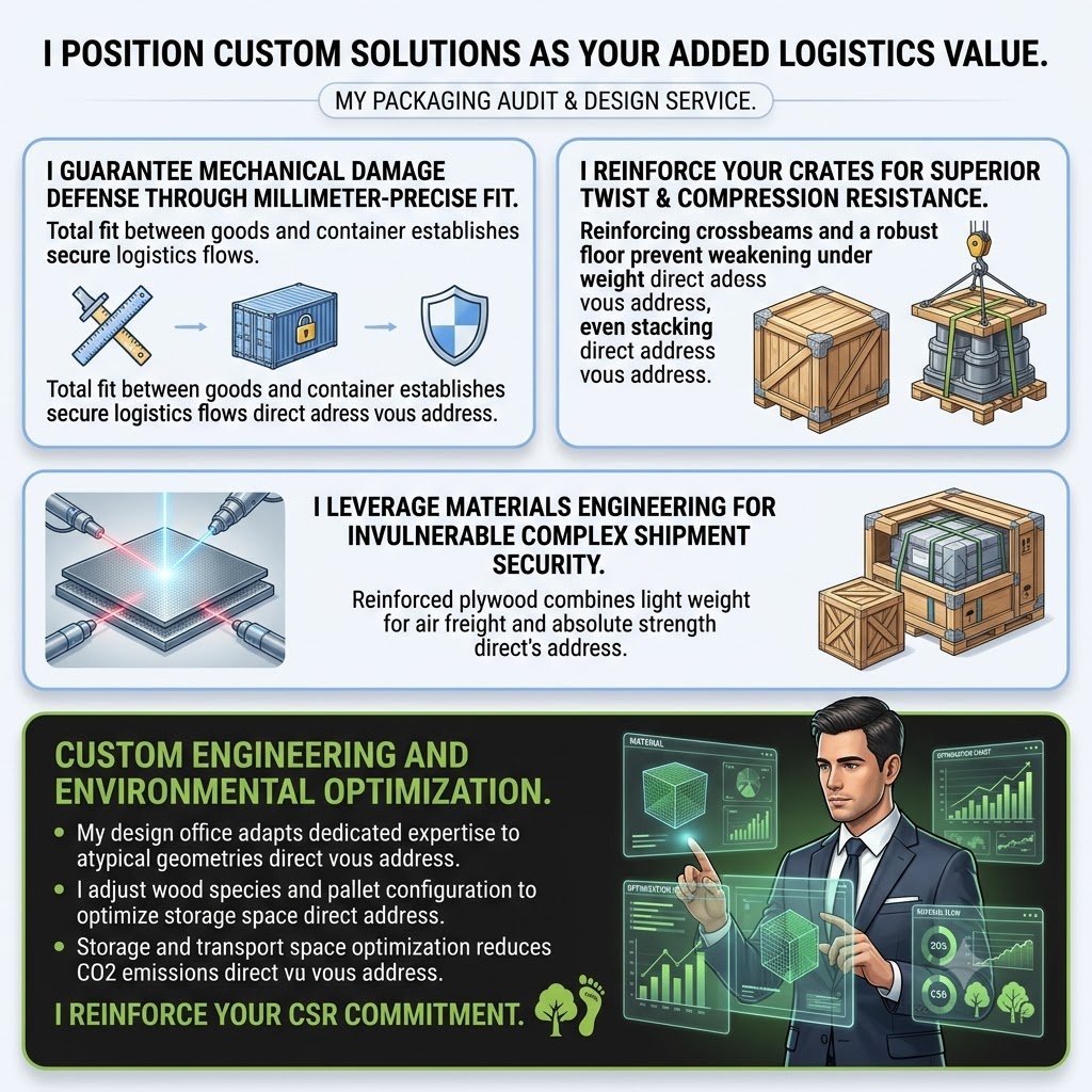 `Strategic infographic for Flat Cargo titled 'I POSITION CUSTOM SOLUTIONS AS YOUR ADDED LOGISTICS VALUE.' It demonstrates how my millimeter-precise custom wooden crates and pallets guarantee defense against damage, offering superior resistance to twisting and vertical compression for your flows. By leveraging materials engineering, I secure your most complex shipments for air and sea freight. My deep audit and custom design office adapt expertise to your atypical geometries, optimizing wood species, storage, and transport space to reduce your CO2 emissions. This optimized approach reinforces your CSR commitment. Optimize your logistics budget at flatcargo.com.