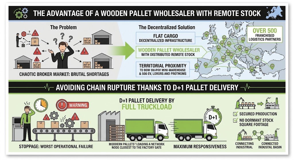 An illustrative infographic titled 'THE ADVANTAGE OF A WOODEN PALLET WHOLESALER WITH REMOTE STOCK'. It is divided into two main sections. The top section contrasts 'The Problem' of a 'CHAOTIC BROKER MARKET: BRUTAL SHORTAGES' with 'The Decentralized Solution' using a 'WOODEN PALLET WHOLESALER WITH DISTRIBUTED REMOTE STOCK'. It highlights Flat Cargo's 'DECENTRALIZED INFRASTRUCTURE' and 'TERRITORIAL PROXIMITY' with 'OVER 500 FRANCHISED LOGISTICS PARTNERS' across a connected map of Europe. A green arrow points from the problem to the solution. The lower section focuses on 'AVOIDING CHAIN RUPTURE THANKS TO D+1 PALLET DELIVERY'. It contrasts a 'STOPPAGE: WORST OPERATIONAL FAILURE' scenario with a smooth 'D+1 PALLET DELIVERY BY FULL TRUCKLOAD' process from a network node closest to the factory gate. This leads to 'MAXIMUM RESPONSIVENESS' and key benefits: 'SECURED PRODUCTION' and 'NO DORMANT STOCK SQUARE FOOTAGE', connecting an industrial basin.