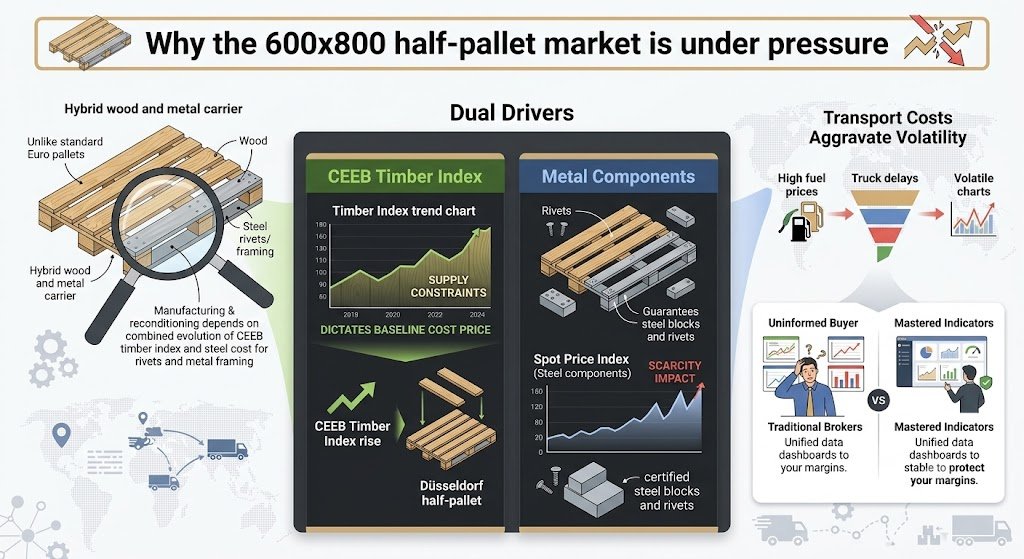An illustrative infographic titled 'Why the 600x800 half-pallet market is under pressure' analyzing supply chain cost drivers for Düsseldorf pallets. The image shows wood and metal components, CEEB Timber Index and Metal Components trend charts from 2018 to 2024 showing rising prices, a flow chart explaining transport cost volatility, and a comparison between uninformed buyers versus mastered indicators using data dashboards to protect margins. Footer includes OptimLogistics.com.