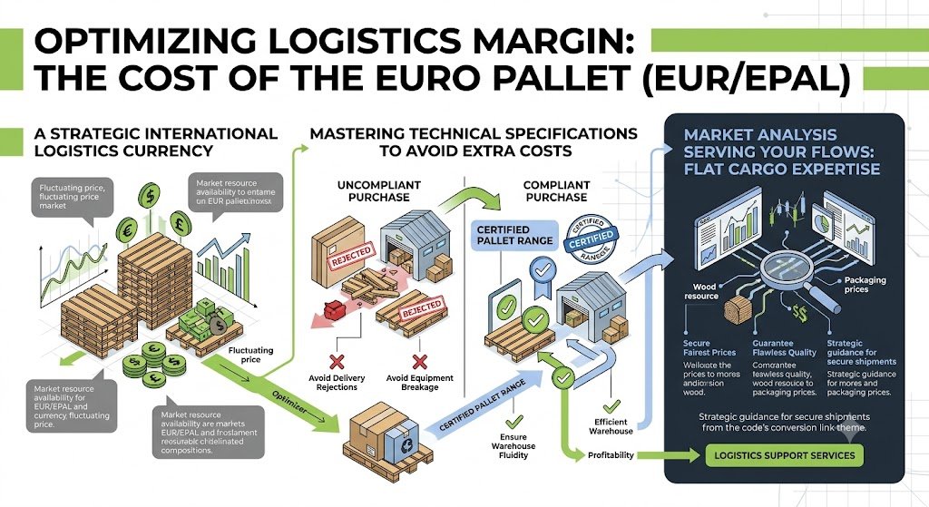 Strategic infographic for Flat Cargo illustrating how to master the cost of the Euro pallet (EUR/EPAL) to optimize your logistics margin. The visual details three action pillars: managing the pallet as an international logistics currency with a fluctuating price, the importance of strict compliance with technical specifications to avoid extra costs from delivery rejections and equipment breakage, and my continuous market analysis to secure your supplies at the fairest price. Optimize your logistics flows and secure your purchases on flatcargo.com.