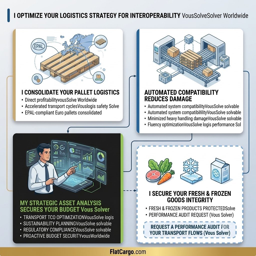 ne infographie d'entreprise détaillée au format bento-box intitulée 'I OPTIMIZE YOUR LOGISTICS STRATEGY FOR INTEROPERABILITY' (sans deux-points), visualisée dans un style d'illustration vectorielle moderne. Le logo graphique de Flat Cargo est complètement supprimé, avec seulement le nom de la marque sous forme de texte pur sur la barre inférieure en prestige or. Palette de couleurs : bleus profonds, sables/ors, et verts. Le module supérieur gauche 'I CONSOLIDATE YOUR PALLET LOGISTICS' montre des palettes Euro conformes EPAL avec des lignes de flux européennes, avec des bulles conceptuelles pour 'Rentabilité directe' et 'Cycles de transport accélérés'. Le module supérieur droit 'AUTOMATED COMPATIBILITY REDUCES DAMAGE' illustre un convoyeur d'entrepôt automatisé gérant une palette, avec des bulles pour 'Compatibilité avec les systèmes automatisés' et 'Dommages réduits lors de la manutention lourde'. Le grand module inférieur DARK MODE 'MY STRATEGIC ASSET ANALYSIS SECURES YOUR BUDGET' est dirigé par un seul expert masculin professionnel sans lunettes en chemise blanche et cravate, interagissant avec un tableau de bord holographique vert analysant 'TCO du transport', 'Durabilité', et 'Conformité réglementaire'. La boîte d'appel à l'action en pointillés met l'accent sur 'REQUEST A PERFORMANCE AUDIT FOR YOUR TRANSPORT FLOWS'. Les points synthétisés utilisent l'adresse directe (vous/you). Aucune année civile n'est présente nulle part. Toute la logique est cohérente et lissée dans un anglais parfait. Format carré (1:1).