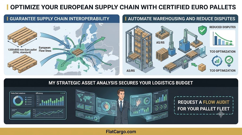 A bento-box stacked modules business infographic titled 'I OPTIMIZE YOUR EUROPEAN SUPPLY CHAIN WITH CERTIFIED EURO PALLETS' (without a colon), visualised in a modern corporate style. The top-left module 'I GUARANTEE SUPPLY CHAIN INTEROPERABILITY' highlights 1200x800 mm Euro pallets with European flow lines. The top-right module 'I AUTOMATE WAREHOUSING AND REDUCE DISPUTES' shows automated warehouse handling and TCO optimization. The wide lower dark mode module 'MY STRATEGIC ANALYSIS SECURES YOUR LOGISTICS BUDGET' features a single male expert analyst without glasses using interactive holographic dashboards to analyze pallet fleet rotations. The dashed call-to-action box emphasizes 'REQUEST A FLOW AUDIT FOR YOUR PALLET FLEET'. Pure text FlatCargo.com is present on the gold bottom bar without graphical logos. No calendar years.
