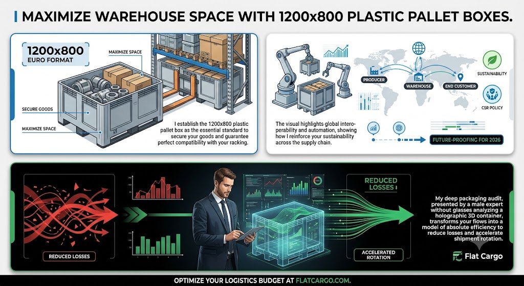 Une infographie détaillée de Flat Cargo illustrant comment les caisses-palettes en plastique de format Euro 1200x800 maximisent l'espace d'entrepôt. Le visuel montre des conteneurs s'intégrant parfaitement dans des rayonnages avec des chariots élévateurs (en haut à gauche), ainsi que l'automatisation robotique et une carte de la chaîne d'approvisionnement mondiale avec des icônes de durabilité et de RSE (en haut à droite). La section inférieure présente un audit approfondi de l'emballage ("DEEP PACKAGING AUDIT") avec un expert masculin analysant une projection holographique, montrant la transformation de flux de données désordonnés en flux verts efficaces pour réduire les pertes et accélérer la rotation des stocks. Le banner inférieur contient l'appel à l'action : OPTIMIZE YOUR LOGISTICS BUDGET AT FLATCARGO.COM.