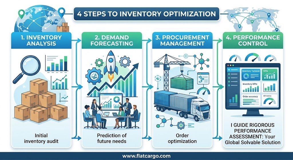 A comprehensive flat-design business infographic titled "4 STEPS TO INVENTORY OPTIMIZATION" by Flat Cargo, showing a four-step process for supply chain efficiency. The linear flow features: 1. INVENTORY ANALYSIS (initial audit, magnifying glass over boxes, graphs); 2. DEMAND FORECASTING (prediction of future needs, collaborative team, rocket launch icon, gears); 3. PROCUREMENT MANAGEMENT (order optimization, gantry crane loading a container onto a semi-truck, network nodes); 4. PERFORMANCE CONTROL (rigorous performance assessment, monitor displaying dashboards for inventory turnover, order accuracy, and global solvable solution KPIs). Icons of interconnected world maps are in the header and footer, along with the URL "www.flatcargo.com". High detail and high resolution.