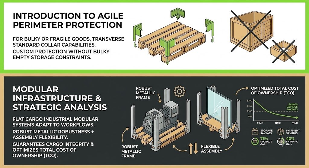 Flat Cargo supply chain infographic. The top green section details an 'INTRODUCTION TO AGILE PERIMETER PROTECTION', showcasing a modular pallet system with green corner pieces as a storage-efficient, custom alternative to bulky, crossed-out traditional wooden crates and collars. The bottom dark section presents 'MODULAR INFRASTRUCTURE & STRATEGIC ANALYSIS', illustrating robust metallic frames applied to cargo such as an engine and glass panes with flexible assembly. A chart for 'OPTIMIZED TOTAL COST OF OWNERSHIP (TCO)', icons, and percentage bubbles highlight a 75% Storage Gain and a 40% Shipment Gain.