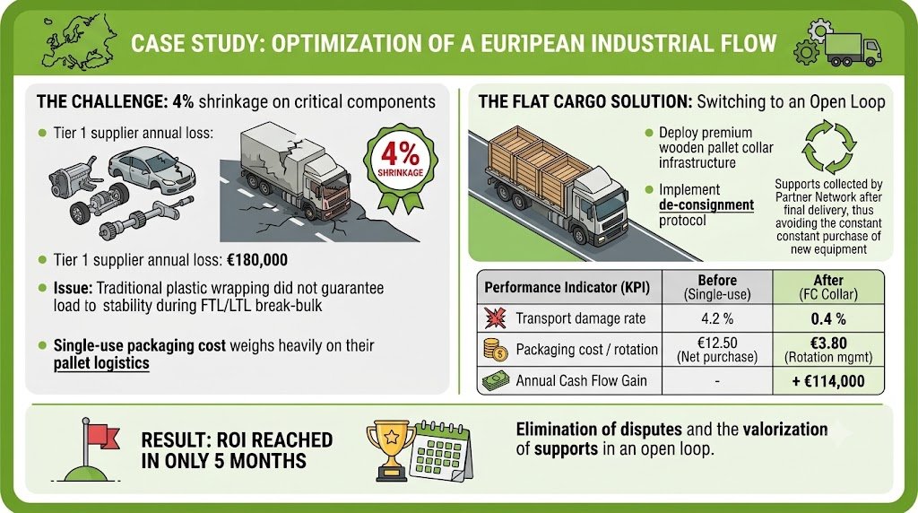 An infographic case study from Flat Cargo titled "CASE STUDY: OPTIMIZATION OF A EUROPEAN INDUSTRIAL FLOW". The image is split into two comparison sections: 'THE CHALLENGE' and 'THE FLAT CARGO SOLUTION'. The left section, 'THE CHALLENGE', illustrates a Tier 1 supplier annual loss of €180,000 with 4% shrinkage on critical components, shown with a damaged automotive assembly and truck. Key issues include traditional plastic wrapping not guaranteeing load stability and high single-use packaging costs. The right section, 'THE FLAT CARGO SOLUTION', presents a switch to an open-loop system with reusable wooden pallet collars and a de-consignment protocol. A detailed Performance Indicator (KPI) table compares 'Before (Single-use)' and 'After (FC Collar)' results, showing significant improvements: 'Transport damage rate' reduced from 4.2% to 0.4%, 'Packaging cost / rotation' reduced from €12.50 (Net purchase) to €3.80 (Rotation mgmt), and an 'Annual Cash Flow Gain' of + €114,000. The bottom results panel states 'RESULT: ROI REACHED IN ONLY 5 MONTHS' with elimination of disputes and the valorization of supports in an open loop, accompanied by a trophy and calendar icon.