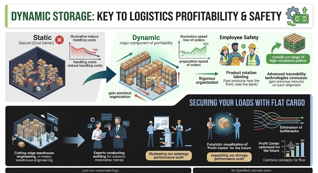A business infographic for Flat Cargo titled "DYNAMIC STORAGE: KEY TO LOGISTICS PROFITABILITY & SAFETY". The top part visually compares a costly and disorganized "Static Deposit" warehouse layout, marked with red "X"s, to an organized and highly profitable "Dynamic" warehouse layout. The dynamic section details benefits through visuals and illustrative charts, including organization and order preparation speed gains, employee safety with high-resistance pallets, rigorous organization through labeling and product rotation, and advanced traceability. The bottom part, titled "SECURING YOUR LOADS WITH FLAT CARGO", details a four-step corporate service flow: (1) Cutting-edge warehouse engineering to improve layouts. (2) Expert auditing to find efficiencies. (3) Presentation of performance audit results with a call-to-action link to request an audit. (4) A futuristic visualization of an optimized profit center and a link to "combine concepts for flow", illustrating the elimination of bottlenecks and growing profits (charts and numbers 100-800 are illustrative). Chart legends are mostly illustrative but capture the intent of reducing handling costs and increasing order speed. Footers note "pure text watermark/logo" and "No Specified calendar years".