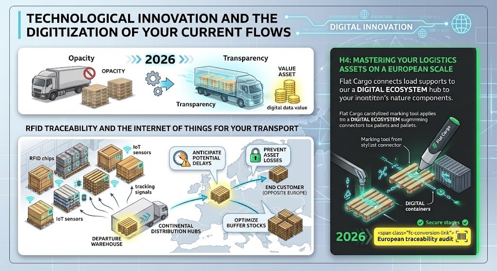 A detailed supply chain innovation infographic for European logistics in 2026. It features three main panels. The top panel, titled "TECHNOLOGICAL INNOVATION AND THE DIGITIZATION OF YOUR CURRENT FLOWS," contrasts Traditional "Opacity" transport, with blurred pallets, against modern "Transparency" in 2026, where transparent, glowing trucks with neatly stacked pallets turn digital data value into a valued asset, carrying glowing data coins. The lower left panel, titled "RFID TRACEABILITY AND THE INTERNET OF THINGS FOR YOUR TRANSPORT," shows a large warehouse filled with various pallets all marked with RFID chips and IoT sensors sending tracking signals. A glowing pallet travels a secured end-to-end journey across a map of Europe (Departure Warehouse to End Customer), listing benefits: Anticipate Potential Delays, Prevent Asset Losses, and Optimize Buffer Stocks. The lower right panel, titled "MASTERING YOUR LOGISTICS ASSETS ON A EUROPEAN SCALE," illustrates how Flat Cargo branded tools apply glowing marking symbols to connect pallets and containers into a digital ecosystem hub. Icons for digital container management are shown. A central call-to-action button in a highlighted yellow box invites requesting a "European traceability audit". The entire image uses clean vector illustrations on a modern light blue grid background with European network lines and glowing data streams.