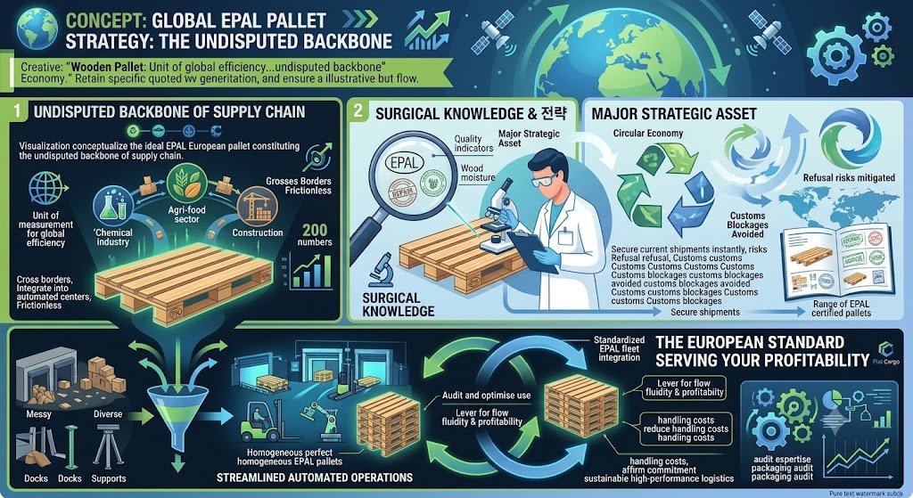 An infographic titled 'GLOBAL EPAL PALLET STRATEGY: THE UNDISPUTED BACKBONE' detailing the strategic importance of EPAL palettes. The image is divided into three numbered sections: 'UNDISPUTED BACKBONE OF SUPPLY CHAIN', showing how a standard wooden pallet facilitates global efficiency, connects diverse industries ('Chemical industry', 'Agri-food sector', 'Construction'), and allows frictionless border crossings and integration into automated centers. It visualizes 'Grosses Borders Frictionless' and 'Cross borders, Integrate into automated centers, Frictionless'. 'SURGICAL KNOWLEDGE & MAJOR STRATEGIC ASSET', illustrating logistics optimization through surgical knowledge. A technician examines magnified quality indicators on an 'EPAL' palette (logo, wood moisture). It shows how this secures shipments by mitigating risks: 'Refusal risks mitigated', 'Customs Blockages Avoided', and 'Secure current shipments instantly'. A stack of 'Range of EPAL certified pallets' is shown. This section is linked to 'MAJOR STRATEGIC ASSET' within a 'Circular Economy' visual with recycling arrows. 'THE EUROPEAN STANDARD SERVING YOUR PROFITABILITY', visualizing streamlined automated operations. Large arrows show circular flows for auditing, optimizing use, and reuse within an organisation for 'Standardized EPAL fleet integration'. Callout boxes explain the levers for flow fluidity, reduced handling costs, and affirmed commitment to sustainable high-performance logistics. Graphs show positive illustrative trends for profitability and ecological efficiency. A visual comparison contrasts 'STREAMLINED AUTOMATED OPERATIONS' using homogeneous pallets with inefficient, 'Messy', and 'Diverse' docks and supports. The section mentions 'audit expertise packaging audit packaging audit'. The header is 'CONCEPT: GLOBAL EPAL PALLET STRATEGY: THE UNDISPUTED BACKBONE'. The infographic is a technical visualization entirely in English with glowing accents, set against a stylized global map with satellites and network lines. The Flat Cargo logo is visible.