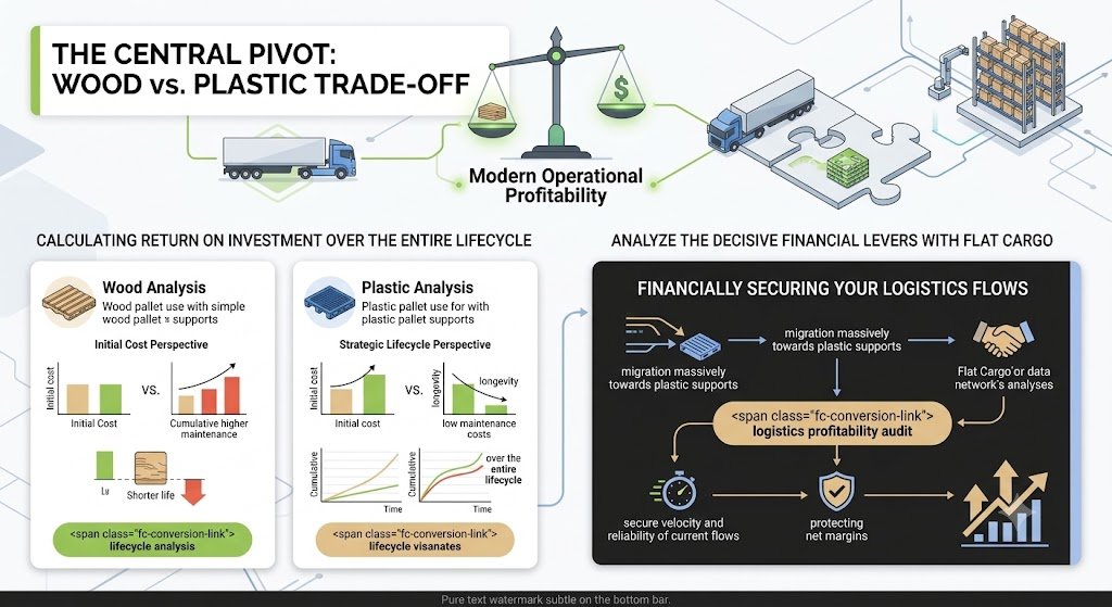 Une infographie logistique bilingue (français/anglais) comparant l'utilisation des palettes en bois par rapport aux palettes en plastique pour la rentabilité opérationnelle moderne. Le haut montre des camions, des pièces de puzzle et des rayonnages automatisés connectés par des lignes. La section de gauche, intitulée « CALCULER LE RETOUR SUR INVESTISSEMENT SUR L'ENSEMBLE DU CYCLE DE VIE », compare l'analyse du bois et l'analyse du plastique. Elle comprend des graphiques détaillés pour la perspective du coût initial (le bois est moins cher au départ, mais entraîne une maintenance cumulative plus élevée et une durée de vie plus courte ; le plastique est plus cher au départ, mais a une maintenance faible et une longévité élevée) et des graphiques cumulatifs montrant que, malgré le coût de départ élevé du plastique, il est amorti sur l'ensemble du cycle de vie. Les appels à l'action incluent des liens vers une « analyse du cycle de vie ». La section de droite, intitulée « ANALYSER LES LEVIERS FINANCIERS DÉCISIFS AVEC FLAT CARGO », contient une boîte sombre intitulée « SÉCURISER FINANCIÈREMENT VOS FLUX LOGISTIQUES ». Elle montre un flux de processus : « migration massive vers les supports en plastique » -> se connectant aux « analyses du réseau de données de Flat Cargo'ou de Flat Cargo ». Le bouton principal de l'appel à l'action est « audit de rentabilité logistique ». Les résultats attendus sont : « sécuriser la vélocité et la fiabilité des flux actuels », « protéger les marges nettes » (avec des flèches indiquant une augmentation). Le pied de page affiche l'URL du site web « OptimLogistics.com ». Le design est de style « flat design » moderne avec des accents brillants bleus, verts et sables.