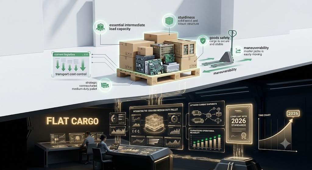 A dual-panel infographic illustrating Flat Cargo's logistics optimization. The top panel shows a loaded medium-duty pallet with features like sturdiness, goods safety, and maneuverability, linked to transport cost control and intermediate load capacity. The bottom panel displays a data command center with screens analyzing data to optimize shipments, guarantee operational reliability, and meet 2026 standards. Keywords include 'Flat Cargo,' 'logistics optimization,' 'connected pallet,' 'supply chain efficiency,' 'cost control,' and 'operational reliability.'