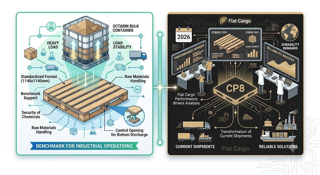A detailed two-panel industrial business infographic by Flat Cargo. The left panel showcases a large flexible OCTABIN BULK CONTAINER full of dry bulk material, supported by a standardized, robust, and stable CP8 Pallet (1140x1140mm) featuring callouts for standardized format, benchmark support, load stability, raw materials handling, and efficient bottom discharge through the pallet's central opening. Diverse industrial icons and labels for heavy load and raw material handling surround the container system. The right panel is a control room where three engineers analyze data visualizations on large futuristic screens for Performance Drivers, Durability Demands with factory icons, and Reliability Analysis. A central raised CP8 pallet glows with circuit patterns. Monitors show close-up details of stress tests and load charts. Semi-truck, ship, and train illustrations connect specialized equipment and analysis to transformed and reliable global transport and supply chain solutions. The company branding Flat Cargo is present in banners at the top and bottom, and a calendar shows the year 2026.