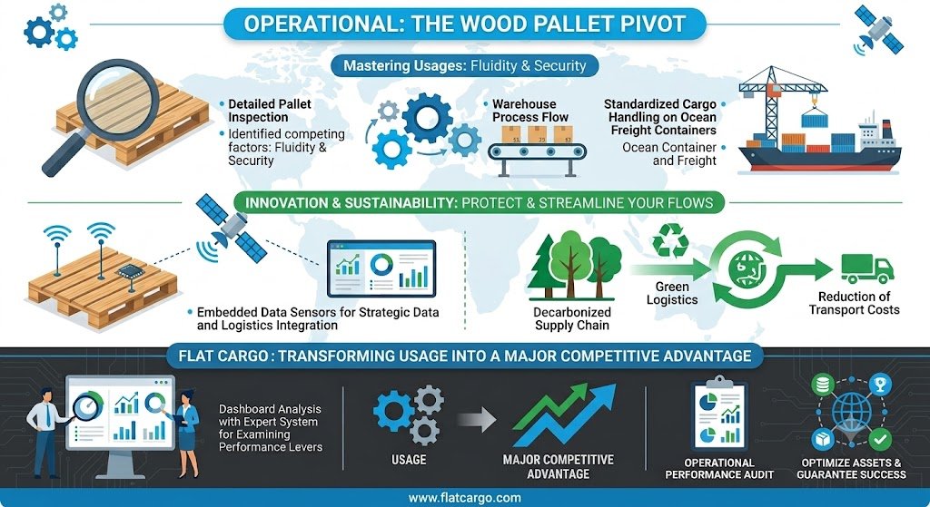 A detailed multi-tiered corporate flat-design business infographic titled 'OPERATIONAL: THE WOOD PALLET PIVOT' by Flat Cargo, set against a subtle global map. The graphic is divided into three main rows. Tier 1 (Light Blue) is titled 'Mastering Usages: Fluidity & Security' and illustrates detailed pallet inspection, warehouse process flow, and ocean freight container handling. Tier 2 (Green) is titled 'INNOVATION & SUSTAINABILITY: PROTECT & STREAMLINE YOUR FLOWS', showcasing smart pallets with embedded data sensors and green logistics. Tier 3 (Dark Blue) is titled 'FLAT CARGO: TRANSFORMING USAGE INTO A MAJOR COMPETITIVE ADVANTAGE', with a dashboard analysis, experts, and success metrics like operational performance audits and asset optimization. The footer bar includes the URL www.flatcargo.com