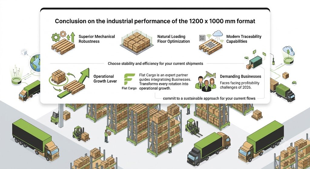 An detailed isometric infographic illustrating the performance of a 1200 x 1000 mm pallet format within a modern Flat Cargo warehouse and logistics network. The central flow diagram highlights 'Choose stability and efficiency' as an 'Operational Growth Lever,' with Flat Cargo as an expert partner. Three detailed sections at the top cover 'Superior Mechanical Robustness,' 'Natural Loading Floor Optimization,' and 'Modern Traceability Capabilities.' A section below depicts 'Demanding Businesses Faces facing profitability challenges of 2026' and a goal to 'commit to a sustainable approach for your current flows.' The scene features multi-level shelving, forklifts, warehouse staff, many pallets, and a fleet of delivery trucks.