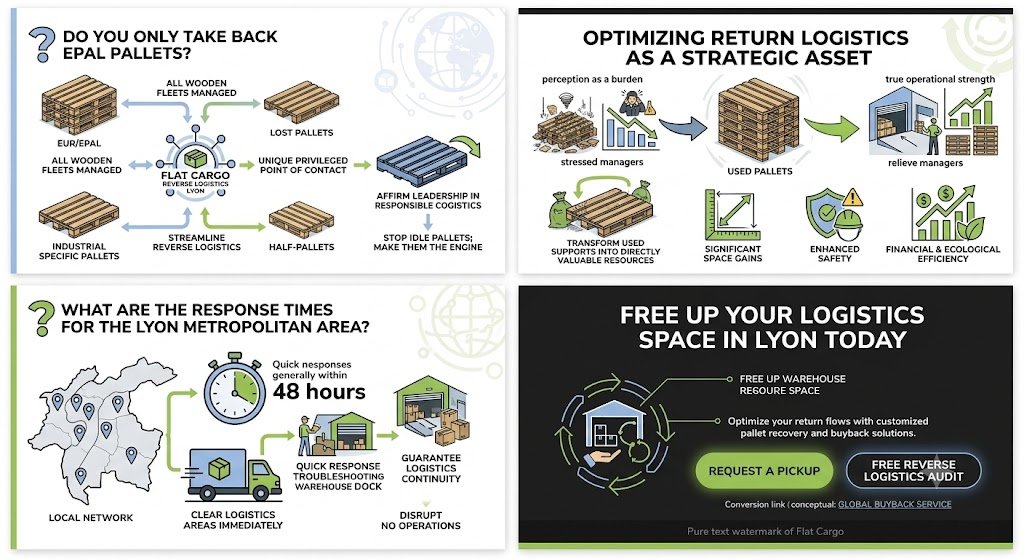 A complete corporate infographic for Flat Cargo detailing its pallet recovery services in Lyon. The image is divided into four quadrants: the variety of pallets managed (beyond EPAL), the fast response times (under 48h) in Lyon, the strategic advantages (space gains, safety, profitability), and a final call to action to request a pickup or a reverse logistics audit. The design uses bright colors (blue, green, gray) and a modern "flat design" style with clear icons.